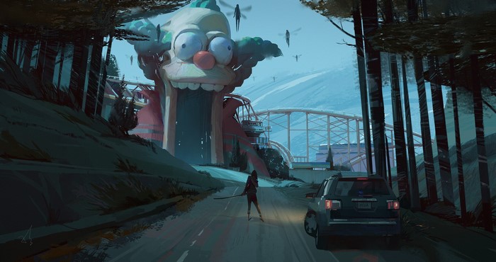 Krusty the Clown theme park with a girl and a car
