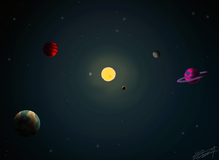 4K drawing of a solar system with planets and a sun