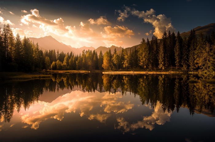 Lake reflection of trees and mountains at sunset