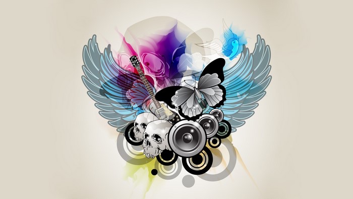 Abstract collage with skulls, guitar, butterfly, and speakers