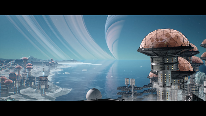 4K video game scene with planetary rings and alien settlements