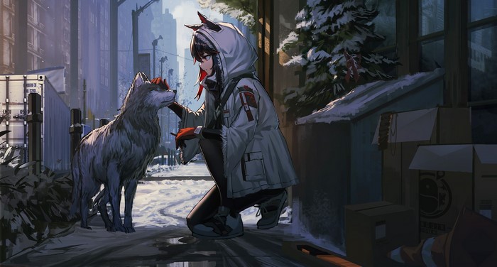 Arknights Anime Girl with Wolf in Snowy City