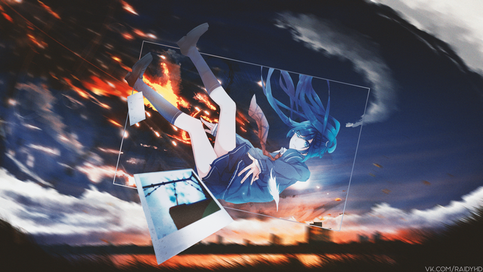Anime girl falling with pictures