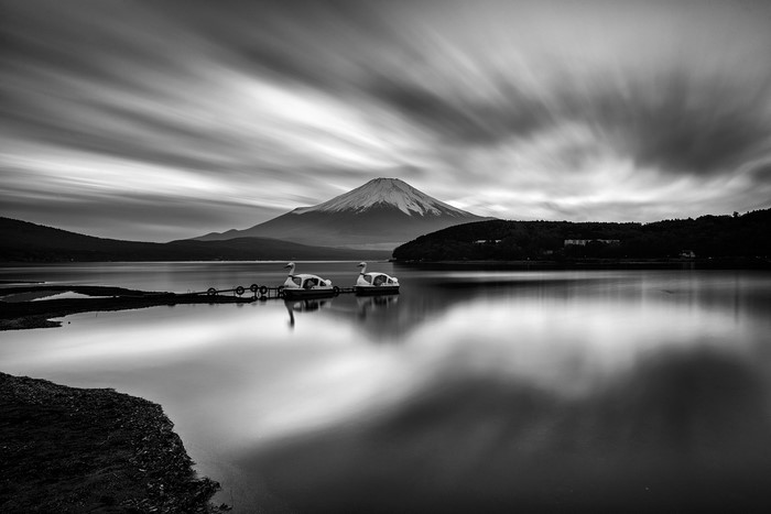 Mount Fuji reflection with swan boats and long exposure clouds