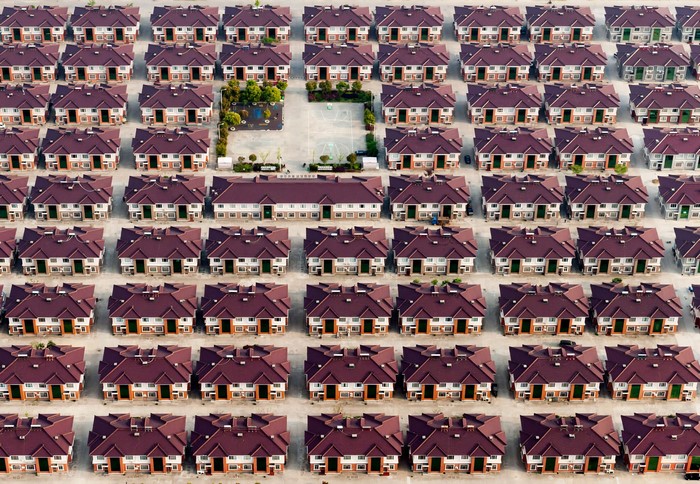 Aerial view of a residential neighborhood with many houses