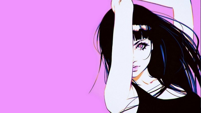 Artwork of a woman with dark hair and pink eyes