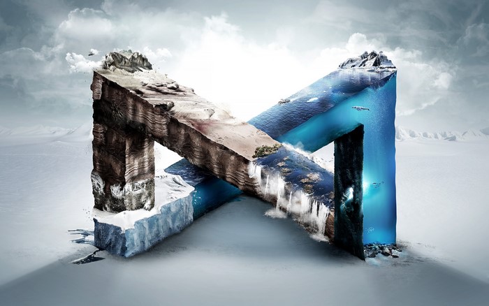 3D letter M with natural landscapes