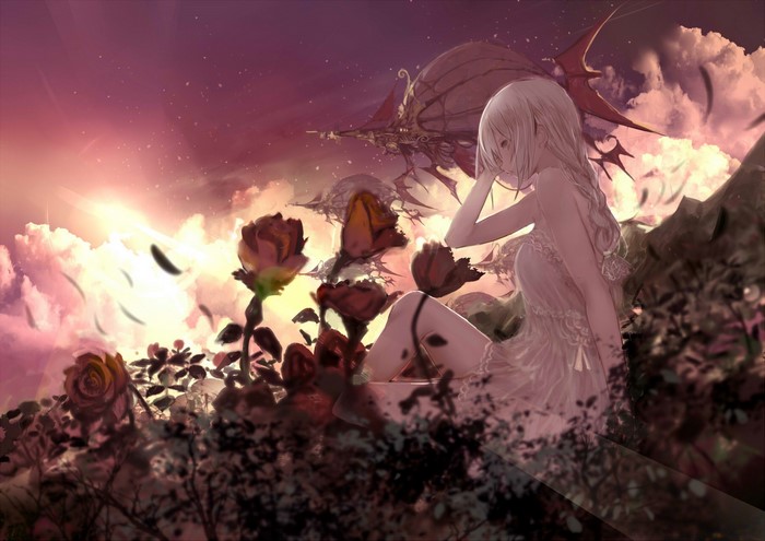 Girl in a dress with roses and airship at sunset