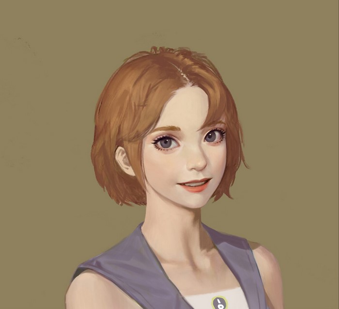Artwork of a fantasy girl with short brown hair