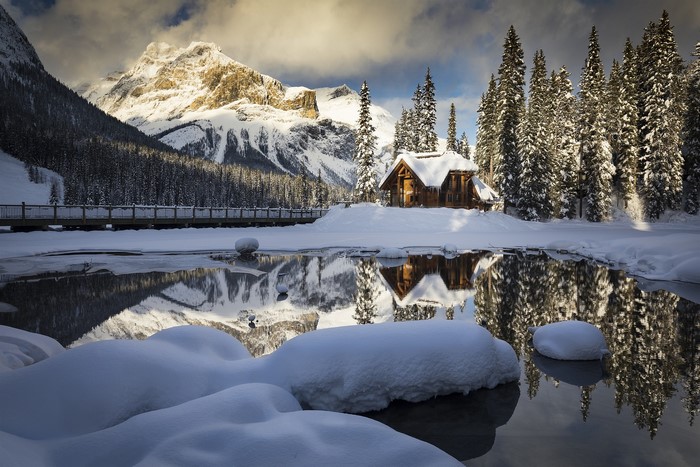 Snowy cabin by Emerald Lake, British Columbia