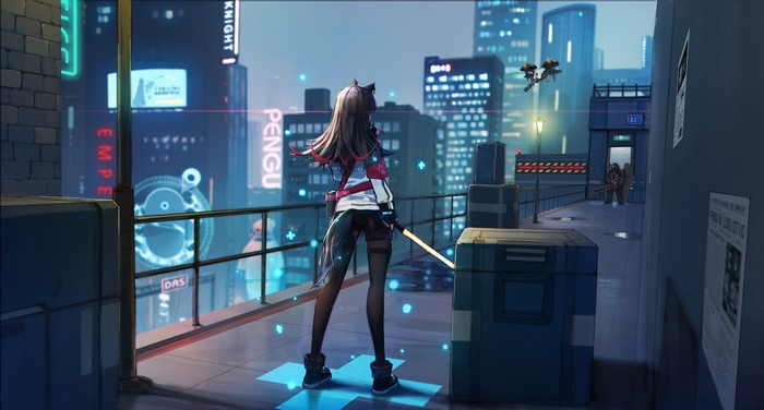 Texas from Arknights on a rooftop at night