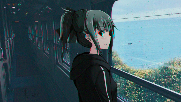 Anime girl on a train looking out at the sea with glitch art effect