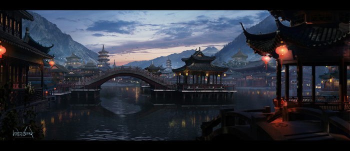 Serene Asian Cityscape with Bridge and Lanterns