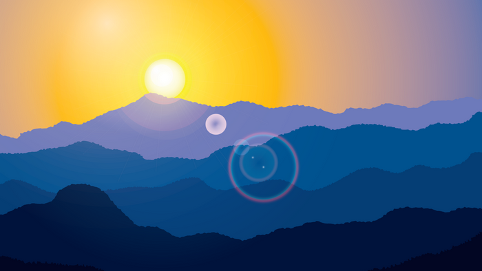 Minimalist mountain landscape with sun and lens flare