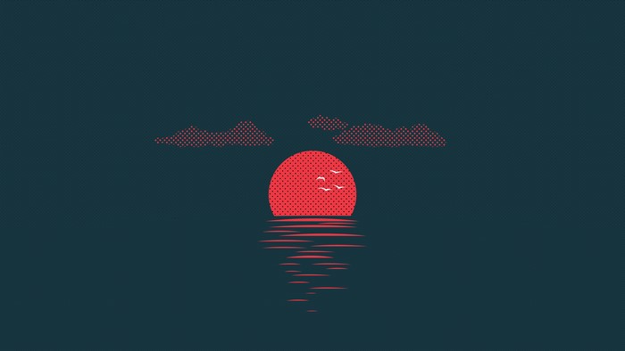 Minimalist sunset with red sun and clouds