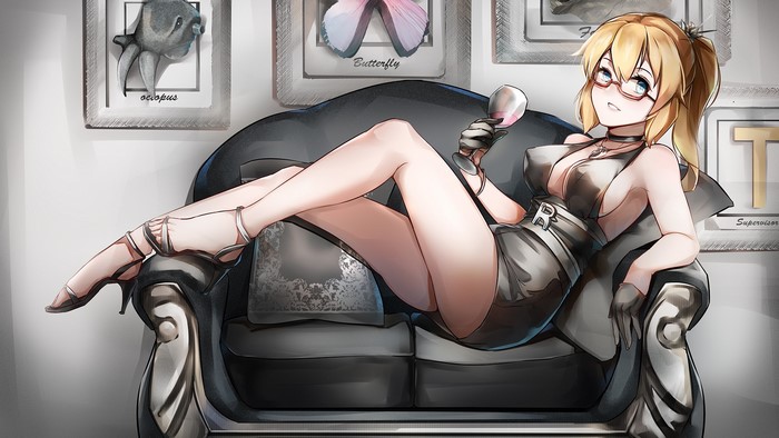Blonde woman in black dress with wine glass