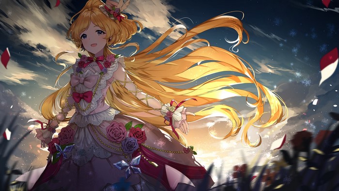 Anime girl with blonde hair in a pink dress