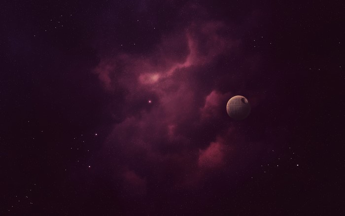 Death Star in a purple nebula with stars