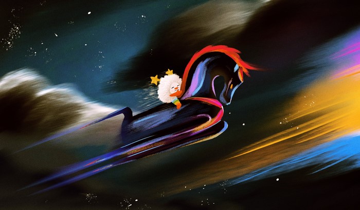 Artwork of Rainbow Brite riding a horse in space