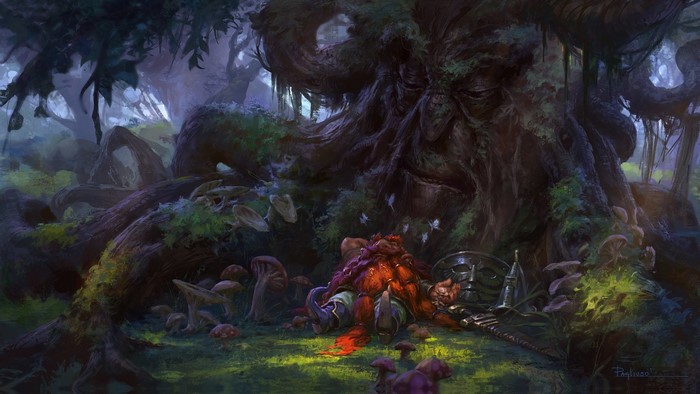 Fantasy art of a fallen dwarf in a forest