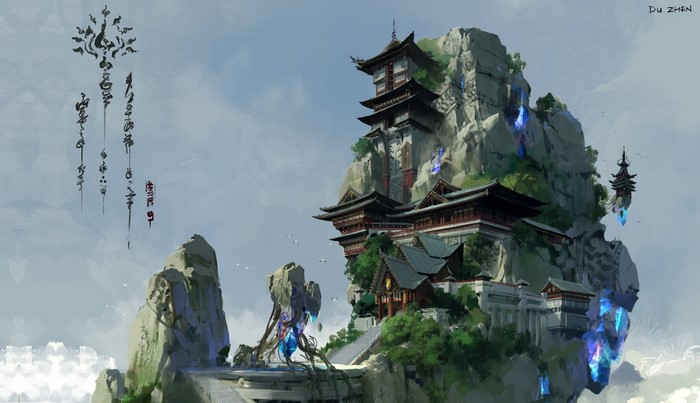 Fantasy Asian temple on floating islands