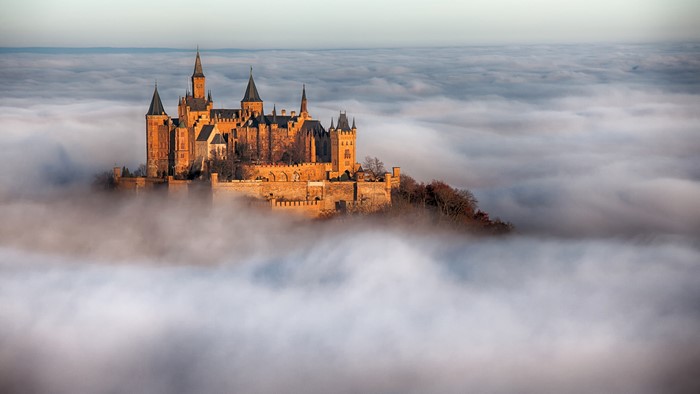 4K Hohenzollern Castle above the clouds in Germany