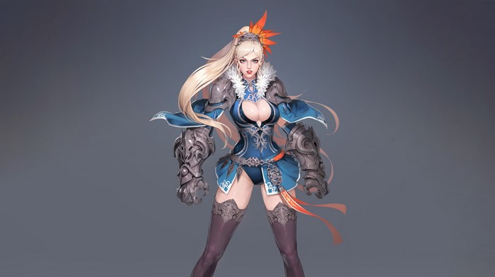 Fantasy art of a blonde female warrior in blue armor