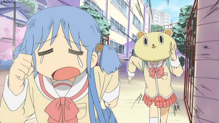 Mio Naganohara from Nichijou crying while being chased by a bear-headed person