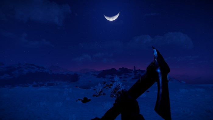 Rust screenshot of a crescent moon over a snowy landscape