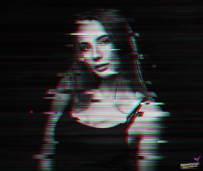 Glitch art portrait of a woman in a tank top