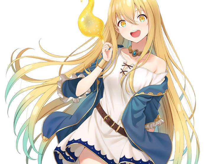 Anime girl with long blonde hair and yellow eyes holding magic