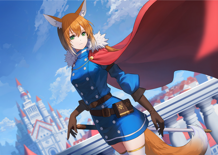 Fox-eared girl in blue uniform with red cape