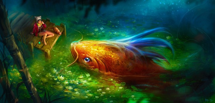 Woman and cat on pier with giant koi fish