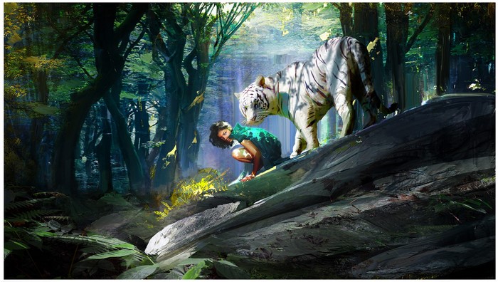 White tiger and woman in a forest by Jason Mejia