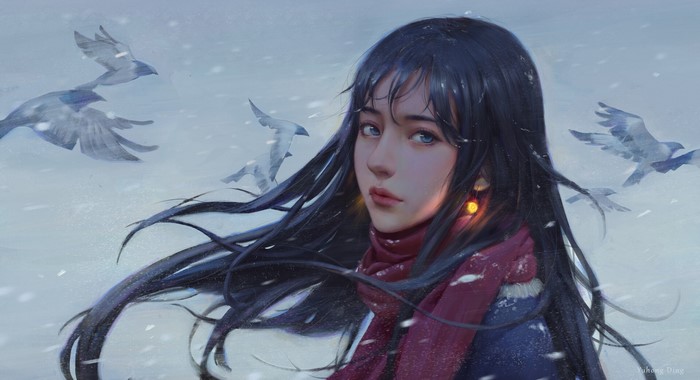 Artwork of a woman with dark hair in the snow