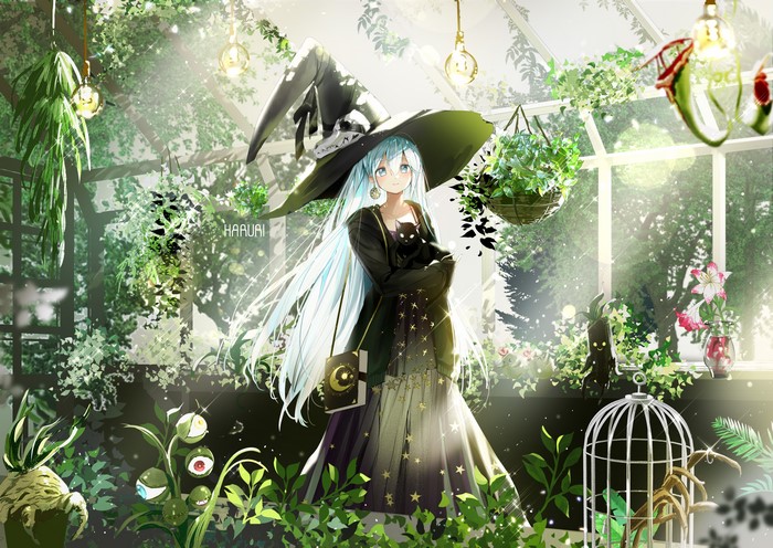 Anime witch with blue hair holding a black cat in a greenhouse