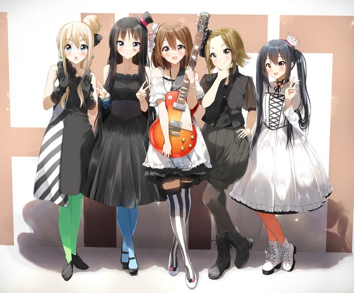 K-ON! girls in formal dresses with instruments