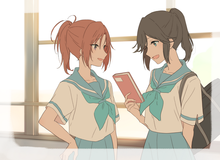 Two anime girls in school uniforms with a book