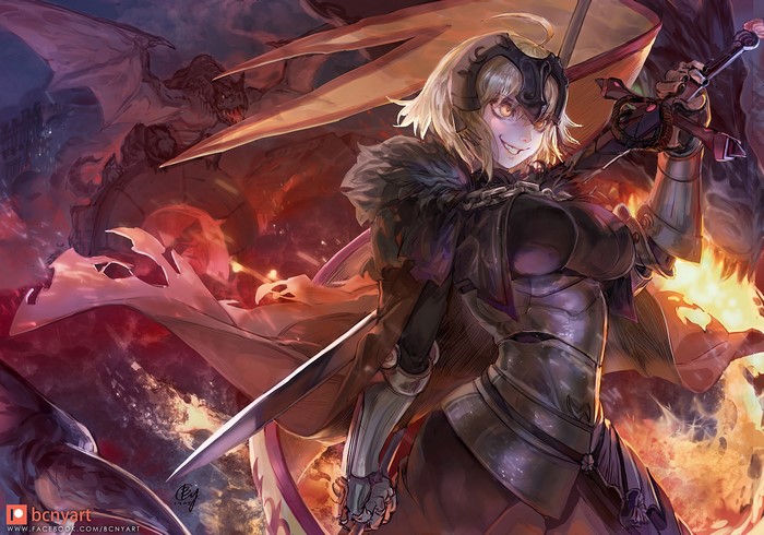 Jeanne d'Arc (Alter) from Fate/Grand Order fighting dragons