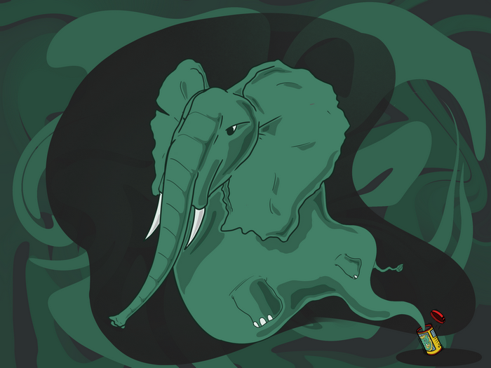 Green elephant with abstract background and medicine bottle