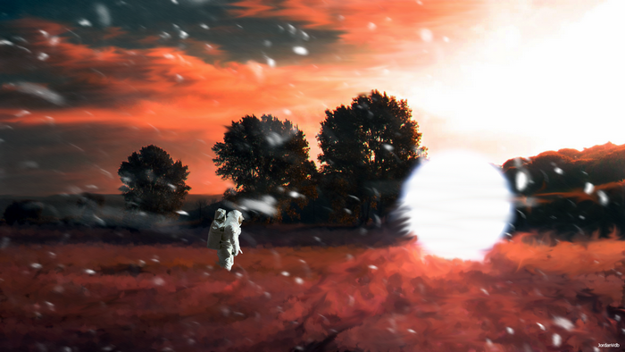 Astronaut floating in a surreal landscape