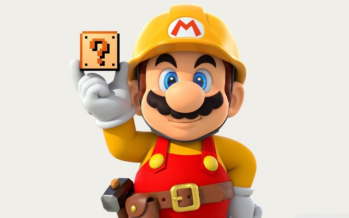 Mario from Super Mario holding a question block