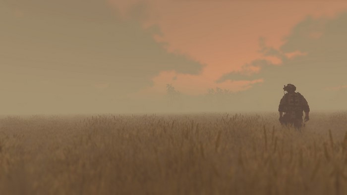 Soldier walking through a wheat field during a sandstorm in Arma 3