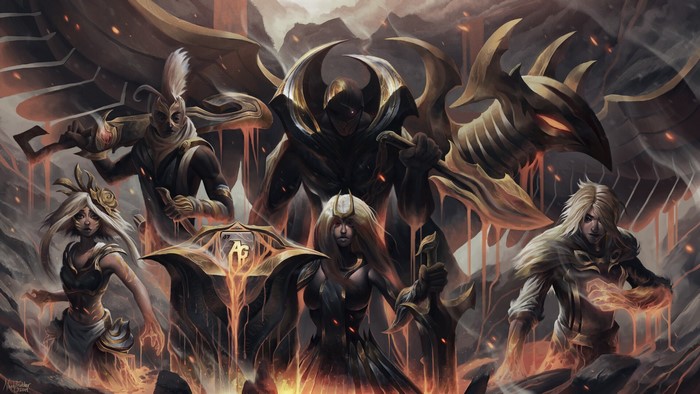 League of Legends characters in a fiery landscape