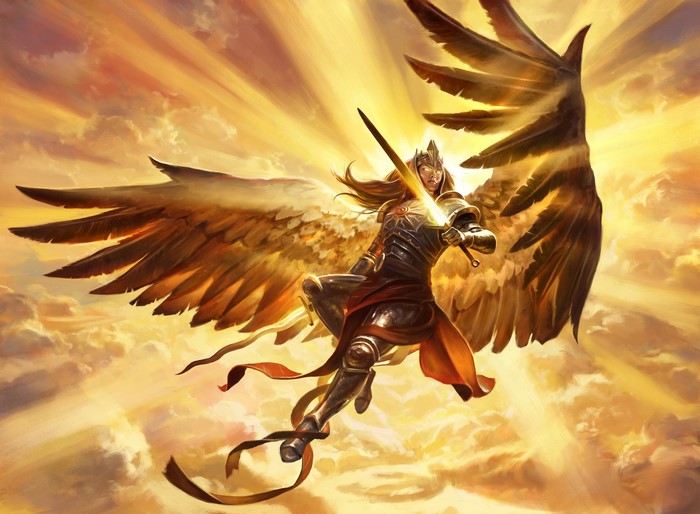Angel warrior with sword and wings in the sky