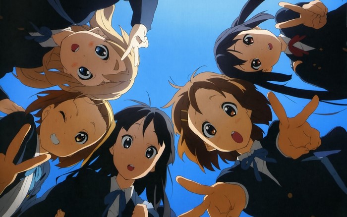 K-ON! girls looking up and making peace signs