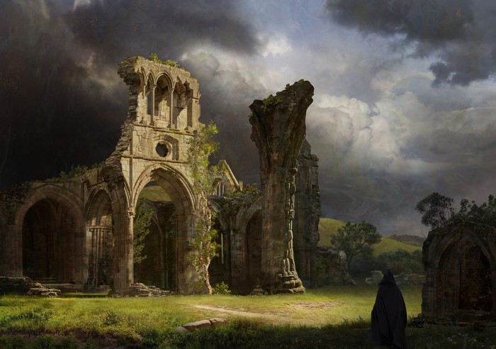 ruin sky cathedral Abbey arch ruins digital art