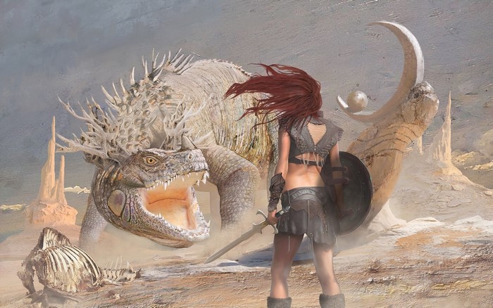 Warrior facing a large creature in a desert landscape
