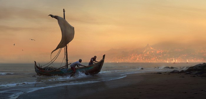 Two men push a sailboat ashore at sunset