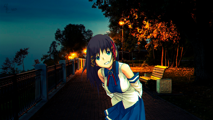 OS-tan from Windows XP in a park at night